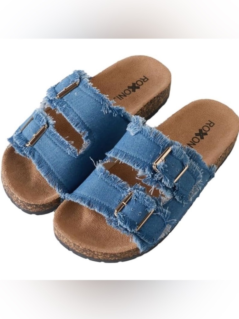 Blue Frayed Denim Buckle Slide Sandals Denim Sandals Double Buckle Cork 10